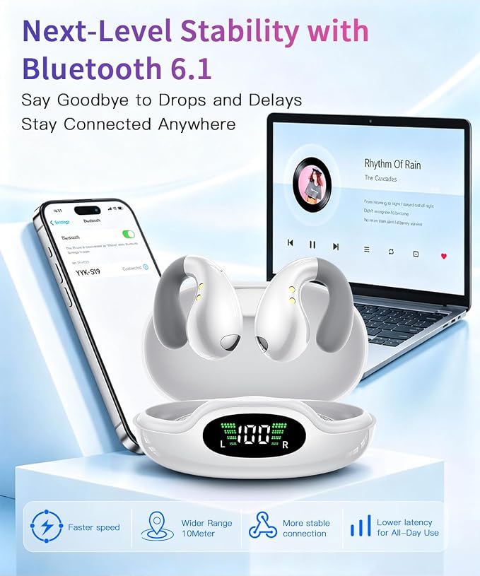 Upgraded Ultra Open Ear Earbuds - Lightweight Comfort Clip-On Wireless Bone Conduction Earbuds, Secure Fit & AI-Powered Clear Calls Bluetooth Open Ear Headphones for Work,Commute,Workout,Running,White