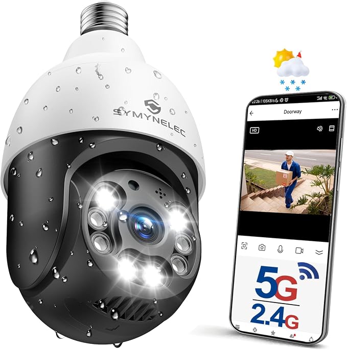 SYMYNELEC 5GHz/2.4GHz Light Bulb Security Camera Outdoor Waterproof 2.5K, Dual-Band WiFi Light Socket Security Camera with AI Human Motion Detection Tracking 4MP Color Night Vision Siren Alarm Alexa