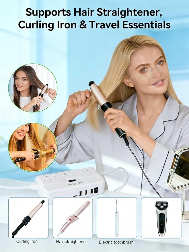 Yinleader Step Down 220V to 110V Voltage Converter Travel Adapter for Hair Straightener/Curling Iron with USB-C (20W PD) and UK/AU/EU Worldwide Plug Adapter (250W)