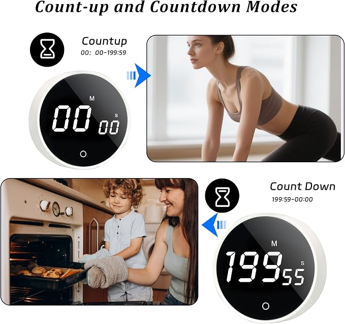 2Pcs Digital Kitchen Timer - Magnetic 199-Minute Countdown Countup Timer with Large LED Display,Volume Adjustable, Visual timers for Cooking,Gym,Meeting,Classroom,Study,Work,Outdoor Activities