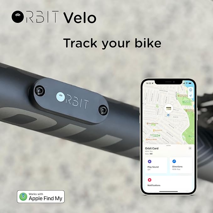 Orbit Velo - Advanced Bike Tracker with Apple Find My, Global GPS Location on iPhone, iPad, Mac & Apple Watch, Waterproof with 3 Year Battery Life, Secure Mount for Bottle Holder | item-finders