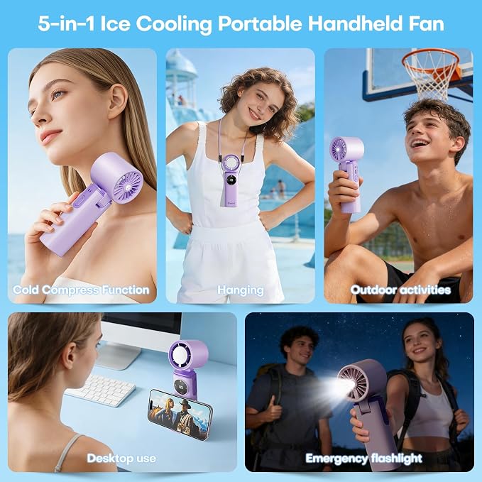 6000mAh Portable Handheld Fan with Ice Cooling, 199 Levels Stepless Speed, 20H Long Battery Life, 20000RPM Turbo Fan Rechargeable Personal Mini Fan for Travel, Outdoor, Makeup (Purple)