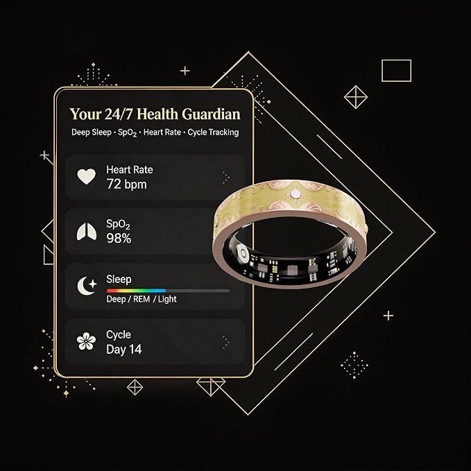 Smart Ring for Women Gift, Fitness & Vital Signs Monitoring, Sleep Tracker/Remote Photography/No Subscription(Yellow,8#)