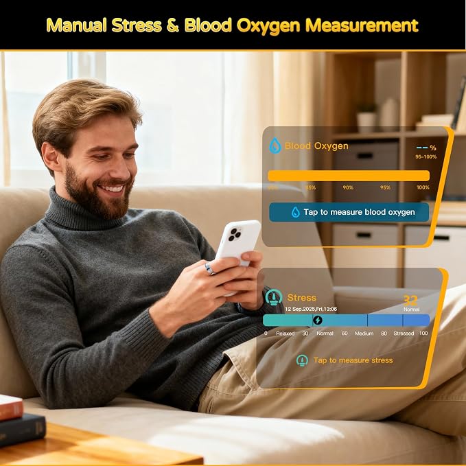 Fitness Tracker Ring, Smart Ring Health Tracker with Heart Rate, Blood Oxygen, Sleep Monitor, Calories, No Subscription Fee, IP68 Waterproof for iPhone & Android (Gold, #13)
