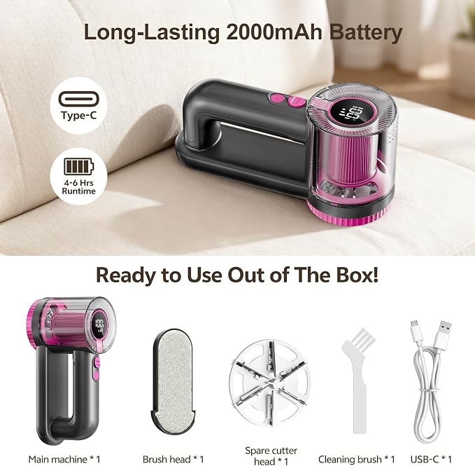 Rechargeable Fabric Shaver, 2-in-1 Lint Remover for Clothing, Furniture, Sweater with 6-Blade, 200ml Container, LED Display, 2000mAh USB-C, 3-Speed Lint Shaver Eliminates Fuzz & Pilling
