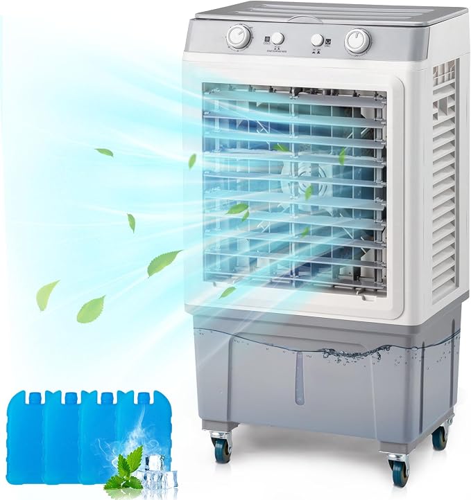 3 in 1 Portable Evaporative Air Cooler, Large Air Volume Swamp Cooler with Big Water Tank, Remote Control, Rolling Casters and Ice Packs for Indoor Outdoor Use White