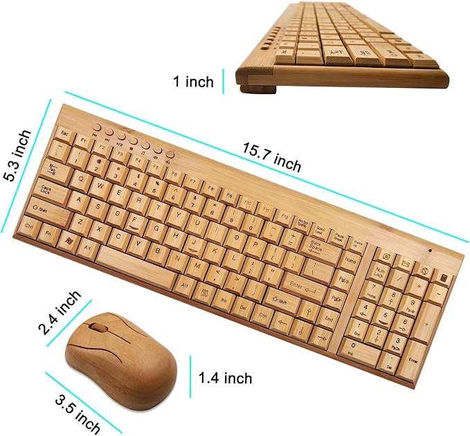 Smart Tech Handcrafted Natural Bamboo Wooden PC Wireless 2.4GHz Keyboard and Mouse Combo