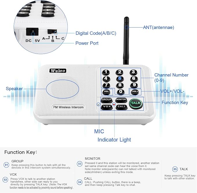 Expandable for Wuloo Intercoms Wireless for Home 5280ft Range 10 Channel 3 Code (Only 1 Unit for Expandable The Original intercom System, CAN NOT Work Without Other Units)