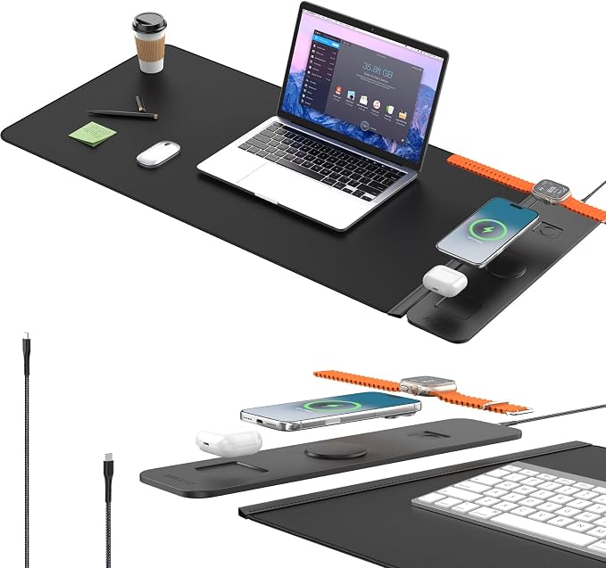 25W Fast Wireless Charging Desk Mat, 2nd Gen 3 in 1 Wireless Charger Mouse Pad, Waterproof Ultra Smooth Non-Slip Gaming Desk Pad, XXL Large 35.43"x15.75" Office Desk Mat