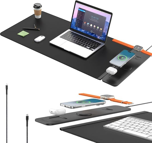 25W Fast Wireless Charging Desk Mat, 2nd Gen 3 in 1 Wireless Charger Mouse Pad, Waterproof Ultra Smooth Non-Slip Gaming Desk Pad, XXL Large 35.43"x15.75" Office Desk Mat