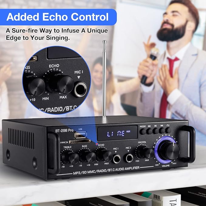 Facmogu BT-298 Pro Home Audio Amplifier, Bluetooth 5.0 Receiver Home Stereo Receiver, Max 400Wx2 RMS 50Wx2 HiFi Sound Audio System Wireless Power Amplifier, MIC in w/Echo, Bass & Treble w/USB/RCA/FM