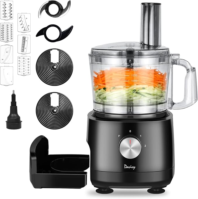 Davivy 7-Cup Food Processor with Built-in Storage Drawer | 600W Motor, 9-Blade Set for Wavy Slicing, French Fries, Dough Kneading | 3-Speed Compact Chopper for Home Kitchen Meal Prep, Black