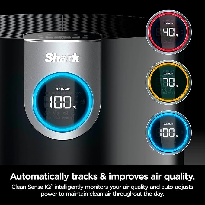 Shark Air Purifier MAX with NanoSeal HEPA, Clean Sense IQ, Odor Lock, Filters up to 1200 Sq. Ft. and 99.98% of Airborne Particles, 0.1–0.2 Microns, Grey, HP202 (Renewed)