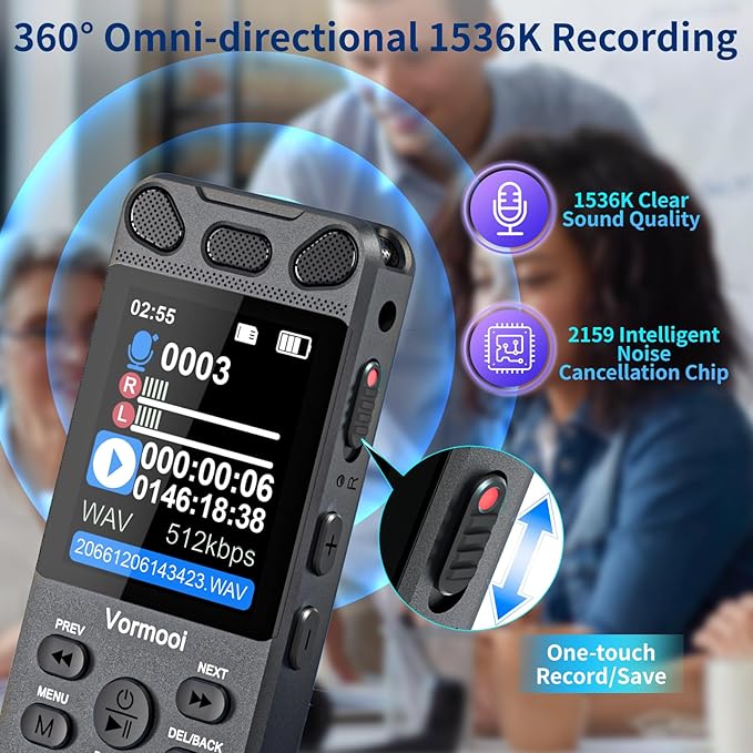 160GB Digital Voice Activated Recorder 110h Battery Time, 2.15" Color Screen Audio Recorder Dictaphone with External Mic, Vormooi USB-C Tape Recorder with Playback for Class Lecture Meeting