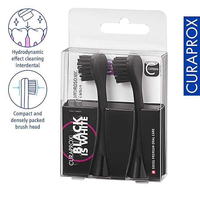 Curaprox Hydrosonic Brush Heads Black is White Carbon Duo – for Effective Plaque Removal & Whitening | Sonic Toothbrush Replacement Heads, 2-Pack | Swiss Made
