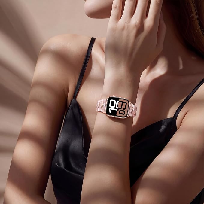 V-MORO Resin Metal Band Compatible with Apple Watch 42/44/45/46/49mm,Fashion Lightweight Bracelet with Polished Rose Gold Stainless Steel Inlay for iWatch Series 11/10/9/8/7/6/5/4/3/2/1/SE,Pink Flower