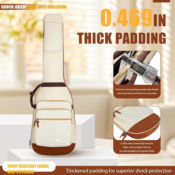 Bass Guitar Bag 0.5 Inch Padding Bass Guitar Case, Bass Electric Guitar Gig Bag Backpack with Neck Strap and 4 Pockets, White