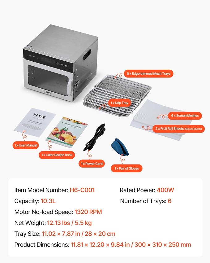 VEVOR Food Dehydrator Machine, 6 Stainless Steel Trays, 400W Electric Food Dryer with Adjustable Temperature & 24-Hour Timer, Food Dryer for Jerky, Meat, Fruit, Vegetables, Herbs, Dog Treats