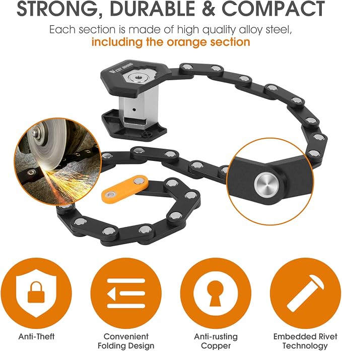 Folding Bike Lock with 3 Keys, 2.8 FT Bicycle Lock Compact Anti Theft, High Security Scooter Locks, Heavy Duty Bike Chian Locks with Bracket