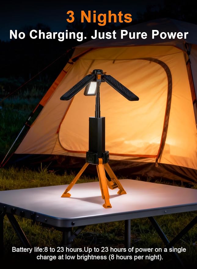 15000mAh Rechargeable Telescopic Camping Light, Portable Flashlight & Lantern with Reinforced Tripod Base, Height Adjustable Dimmable Tent Light, Power Bank for Outdoor BBQ, Hiking, Job Site, Orange