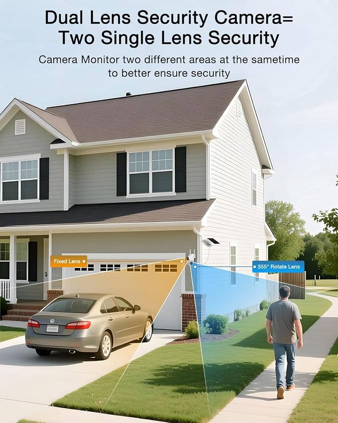 ANRAN Dual-Lens Solar Security Camera, 3MP Wireless Outdoor Camera for Home Security, 100% Wire-Free with Solar Panel, Color Night Vision, Motion Detection, 2.4GHz WiFi, IP66 Weatherproof