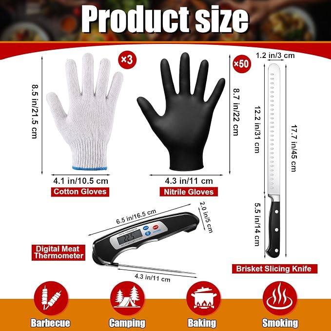 BBQ Set 55 Pack Heat Resistant Gloves, Brisket Carving Knife, and Digital Meat Thermometer for Outdoor Barbecue Cooking Baking Smoking BBQ & Grilling Accessories