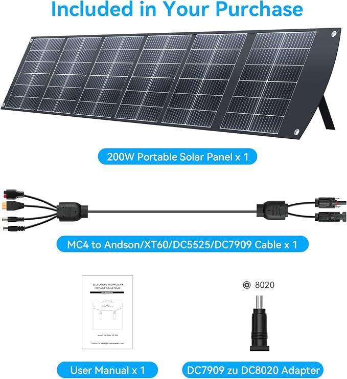 Ecosonique 200W Portable Foldable Solar Panel MC4 Output for Power Station | Lightweight, Waterproof, CPC, XT60, DC, USB-C PD3.0, USB-A QC3.0 Multi-Output for Solar Generators, RVs, Camping, Outdoor Use