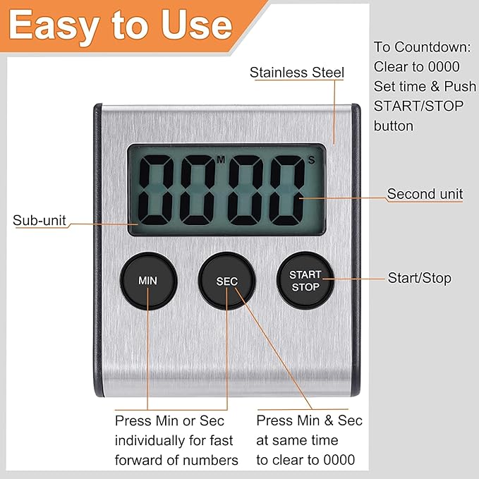 Digital Kitchen Timer - Magnetic Countdown With Loud Alarm, Stainless Steel for Cooking, Baking, Sports Games