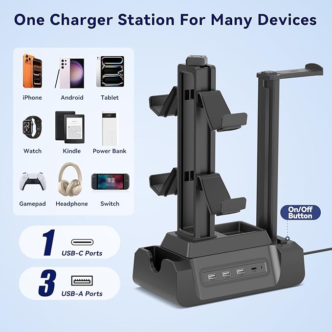 KDD Headset Controller Stand with USB A&C Charger Ports & Charging Station for Multiple Devices with Controller Headset Stand