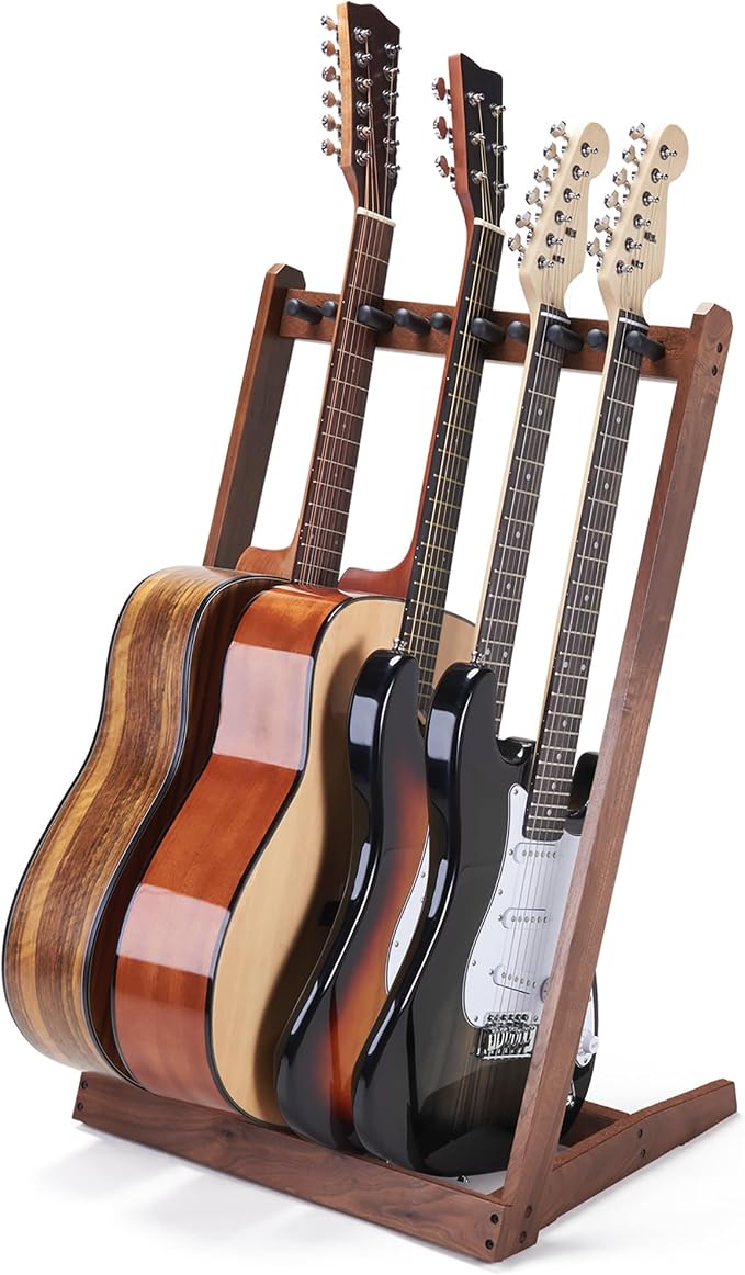 Multi Guitar Stand, Black Walnut Guitar Rack for 3 Acoustic/5 Electric/Bass | Guitar rack with soft felt pad and neck holder, guitar rack multiple guitars saves floor space, ideal for home studio display