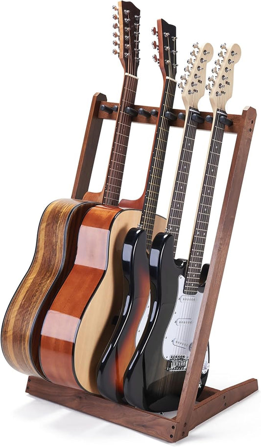 Multi Guitar Stand, Black Walnut Guitar Rack for 3 Acoustic/5 Electric/Bass | Guitar rack with soft felt pad and neck holder, guitar rack multiple guitars saves floor space, ideal for home studio display