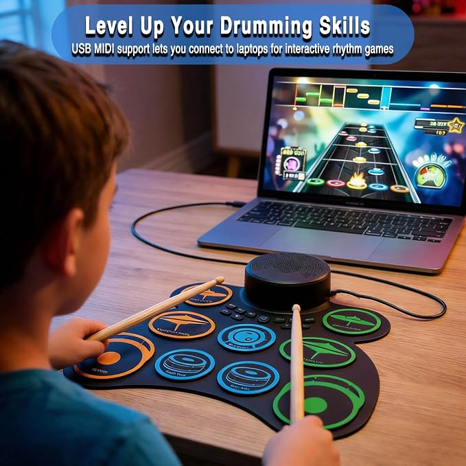 Electric Drum Set for Kids & Adults, 9-Pad Electronic Drum Pad with 0.32" Thickened Silicone, Built-in Speaker, Rechargeable Battery, Headphone Jack. Portable Electric Drums Gift Bateria Electrica