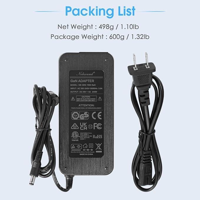 Nobsound 48V5A GaN Power Supply: High-Efficiency 240W DC Adapter for Home Amplifiers & Audiophile Audio Systems (FCC/CE/RoHS Certified)
