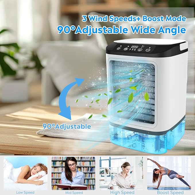 Portable Air Conditioners, Personal Air Conditioner with 2 Mist & 7 Color Light, 3 Speed & Boost Mode, 900ml Large Tank & Icebox, Evaporative Air Cooler AC Cold Fan for Bedroom Office Desk Car