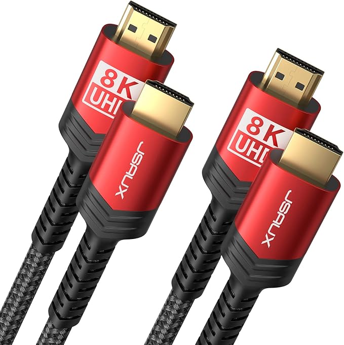 JSAUX 8K HDMI Cable 2.1 2 Pack 3ft, 48Gbps Ultra High Speed HDMI Cable Braided Cord (4K@144Hz, 4K@120Hz, 8K@60Hz) HDCP 2.2&2.3 HDR 10 eARC ARC, Compatible with Switch 2/PS5/Laptop/Monitor/HDTV/-Red