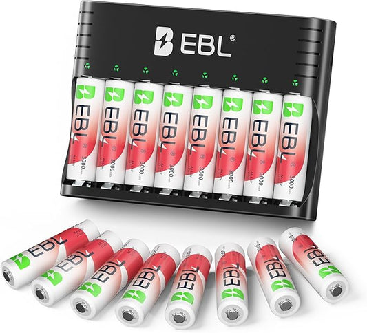 EBL Rechargeable AA Lithium Batteries with Charger, 1.5V 3000mWh 1600-Cycle, Ideal for Blink Outdoor Cameras (16 Pack)