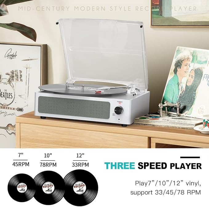 Vinyl Record Player with Speakers Turntable Belt-Driven Turn Table Support 3-Speed 3 Size BT Wireless Playback Headphone AUX-in RCA Line LP Phonographs Audio for Beginner Classic Pure White