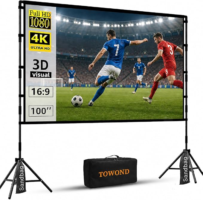 TOWOND Projector Screen with Stand, 100 inch Outdoor Projector Screen Portable Indoor Projection Screen 16:9 4K Rear Front Movie Screen with Carry Bag for Home Backyard Theater 100 inch