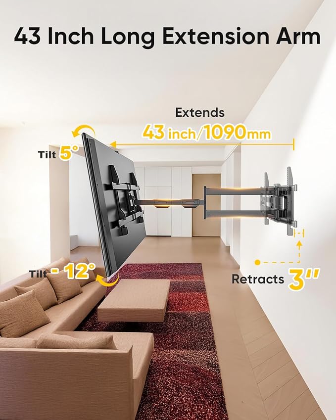 FORGING MOUNT Long Arm TV Mount Full Motion Wall Mount TV Bracket with 43” Extension & Swivel Articulating Arm & Tilt, Fits 42 to 80 Inch Flat/Curve TVs Holds up to 110 lbs, VESA 600x400mm Compatible