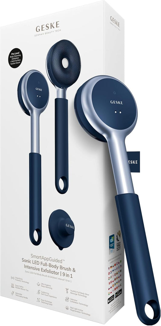 GESKE LED Sonic Full-Body Brush | 9 in 1 | Body Cleansing Brush & Intensive Exfoliator with LED | with SmartSonic Pulsations | Expert Deep Cleansing & Massage | Rough Skin Remover | Adjustable Handle