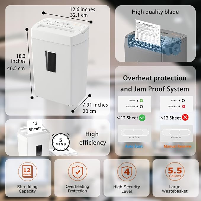 Bonsaii 12-Sheet Cross Cut Shredder, P-4 High Security Shredding, 5.5 Gal, Heavy Duty for Home Office, Shreds Paper, Credit Card, Mail, Staples, with Transparent Window, White