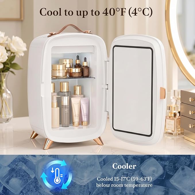 Electactic Mini Skincare Fridge with Dimmable LED Mirror, 6L Makeup Fridge Holds 8 Cans, 7° Lean-Back Mirror Design, Portable Cosmetic Refrigerator for Skincare, Beauty Products & Drinks, White