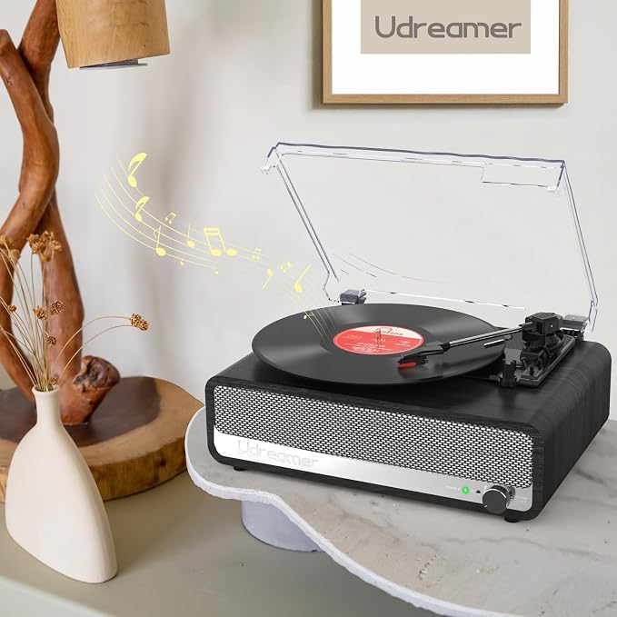 Vinyl Record Player with Built-in Speakers,3 Speed Turntable with Latest Bluetooth 5.3, AUX Input, Headphone Jack, RCA Output and Auto Stop, Mirror Vintage Wooden Black