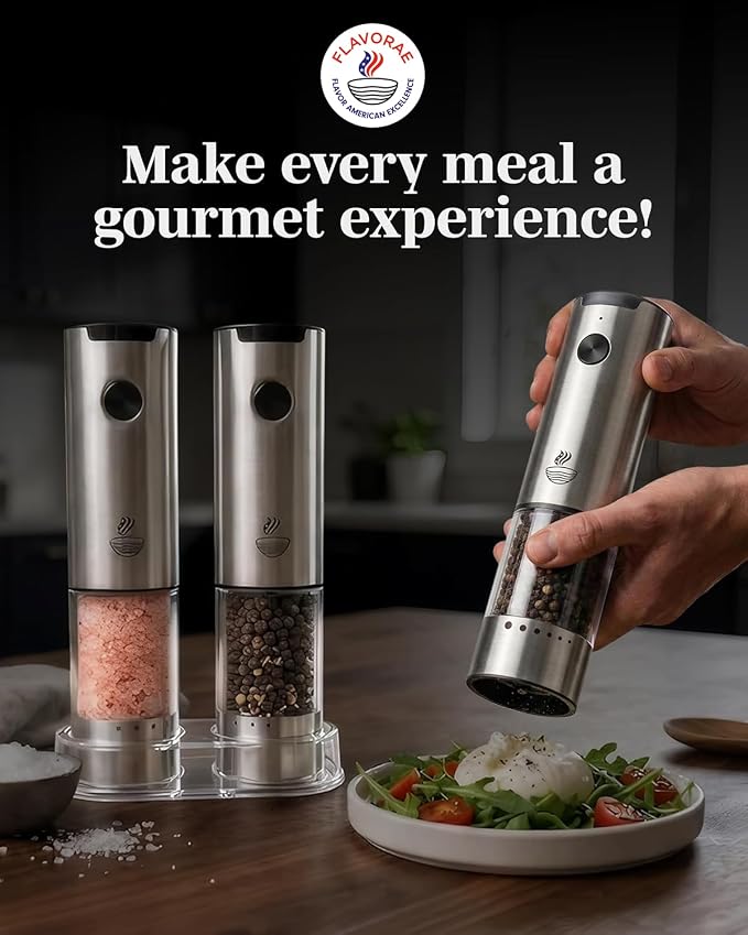 Electric Salt and Pepper Grinder Set - Silver 2 Pack Battery Operated Mills with 95ml Large Capacity, Adjustable Coarseness, Built-in LED Light, Automatic Salt & Pepper Shakers for Kitchen