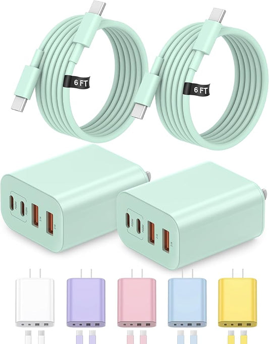 40W USB C Charger Block, iPhone 17 16 15 Charger Fast Charging,2-Pack 4-Port Fast Charging Block with 6FT Type C Cable Multiport Power Block for iPhone Air/iPhone17/16/15 Pro Max/iPad/Samsung(Green