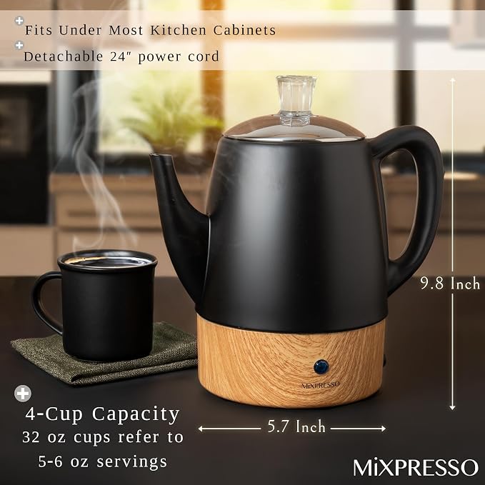 Mixpresso Black Small Electric Percolator Coffee Pot 4 Cup Stainless Steel - Coffee Percolator Electric with Keep Warm Function - Auto Shut-Off for Safe Daily Brewing