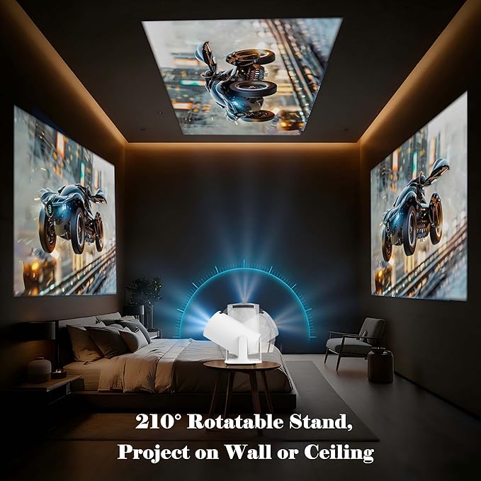 Smart Short Throw Projector with WiFi and Bluetooth, 210° Rotatable Mini Projector with Android System, Built-in Apps, Auto Keystone, Portable Ceiling Movie Projector for Bedroom & Outdoor Use