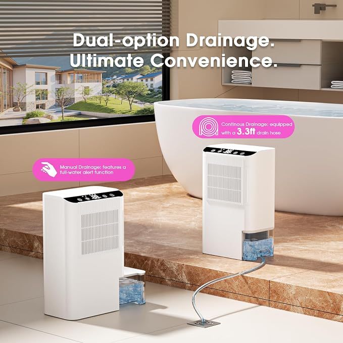 Dehumidifiers for Home, 2000 Sq.Ft Small Dehumidifier with 3.3ft Drain Hose, 2.5L Tank, Timer Sleep Mode, Portable Dehumidifier for Basement, Bedroom, Bathroom (Pearl White)