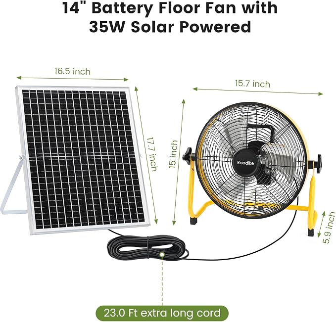 14" Solar Rechargeable Floor Fan, 35W Solar Powered Battery Operated Fans for Outdoor Garden Greenhouse Barn Stable Camping Garage Patio Air Circulation Cooling