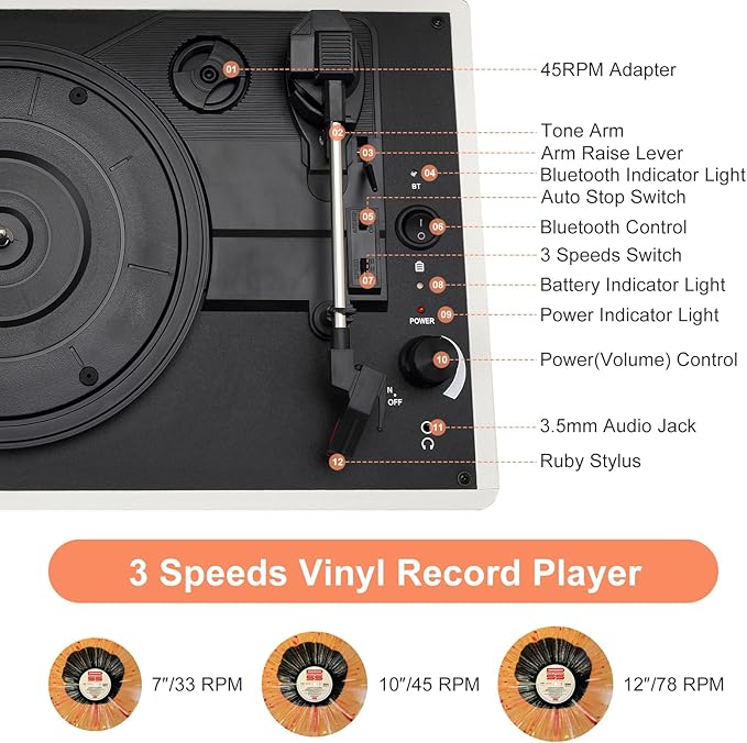 3-Speed Vinyl Record Player Turntable Portable Suitcase with Bluetooth, Rechargeable Battery, Aux/RCA/Headphone Jacks, Compact Retro Design for Vinyl Lovers